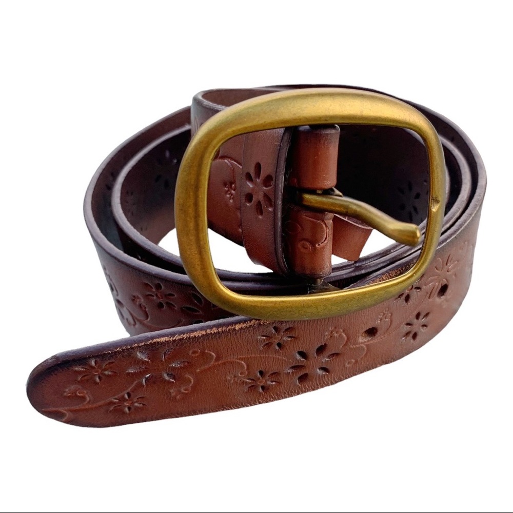 Vintage Brown Leather Belt with Brass Buckle